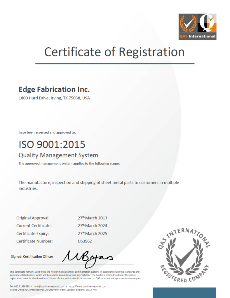Image of ISO 9001:2015 Certification for Edge Fabrication